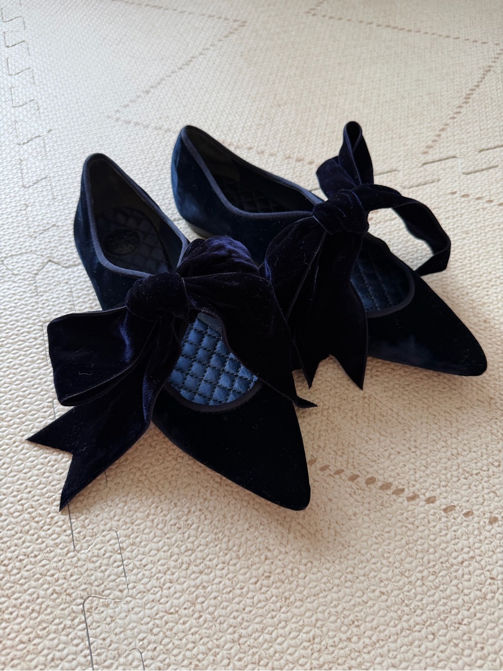 Tory Burch Clara Navy Velvet Pointed Bow Flats